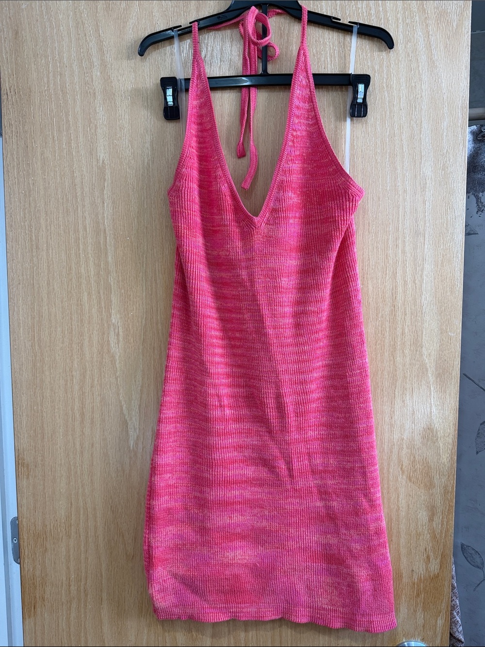 wild fable Hot Pink Knit Halter V-Neck Mini Dress